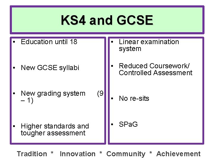 KS 4 and GCSE • Education until 18 • Linear examination system • New