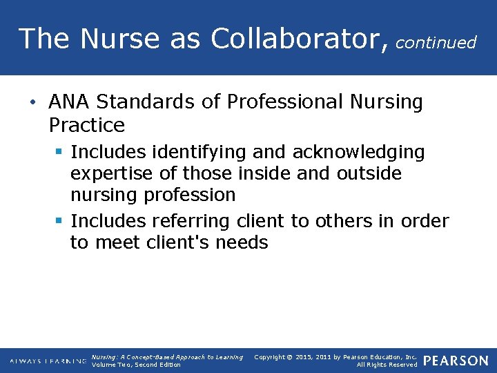 The Nurse as Collaborator, continued • ANA Standards of Professional Nursing Practice § Includes