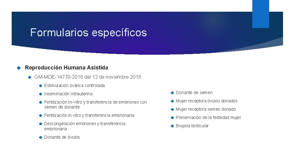 Formularios específicos Reproducción Humana Asistida GM-MDE-14770 -2018 del 12 de noviembre 2018 Estimulación ovárica