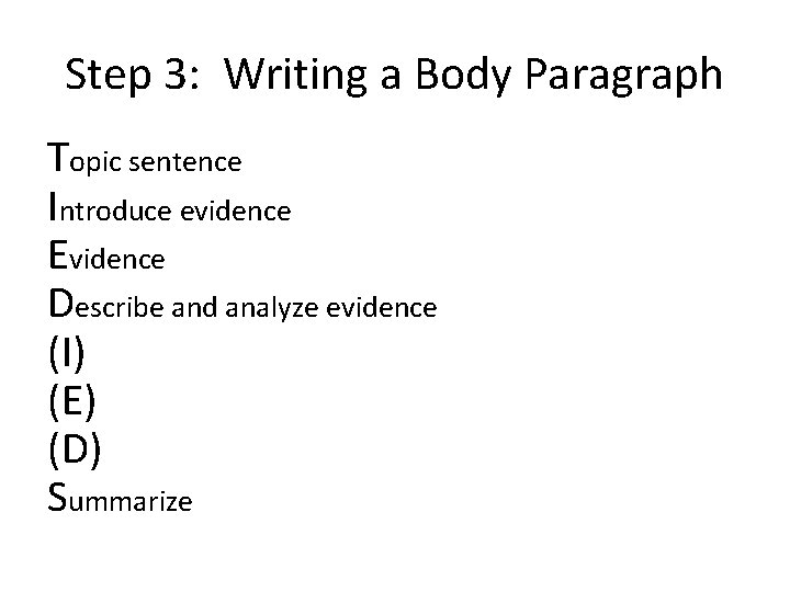 Step 3: Writing a Body Paragraph Topic sentence Introduce evidence Evidence Describe and analyze