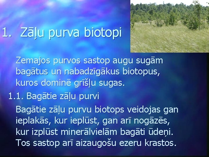 1. Zāļu purva biotopi Zemajos purvos sastop augu sugām bagātus un nabadzīgākus biotopus, kuros