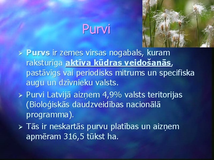 Purvi Ø Ø Ø Purvs ir zemes virsas nogabals, kuram raksturīga aktīva kūdras veidošanās,