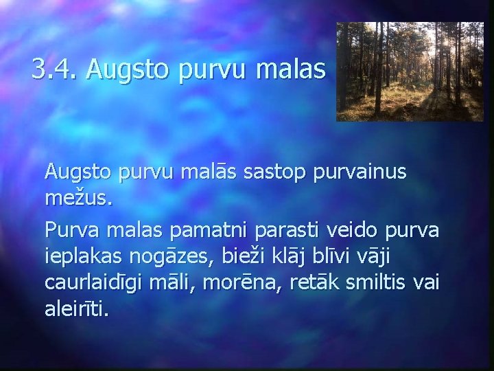 3. 4. Augsto purvu malas Augsto purvu malās sastop purvainus mežus. Purva malas pamatni