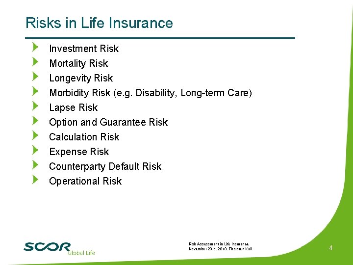 Risks in Life Insurance Investment Risk Mortality Risk Longevity Risk Morbidity Risk (e. g.