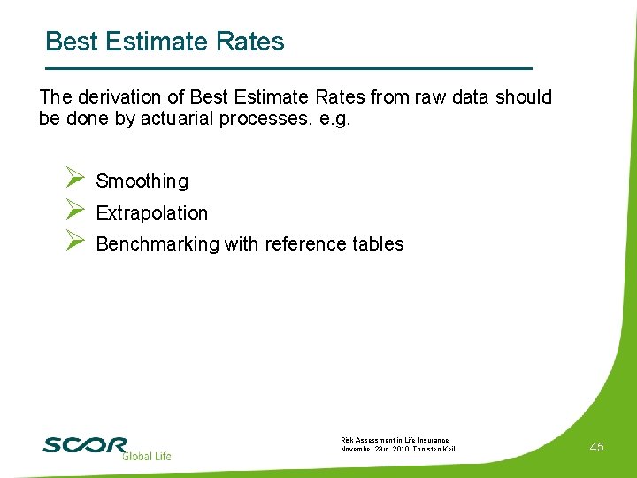 Best Estimate Rates The derivation of Best Estimate Rates from raw data should be