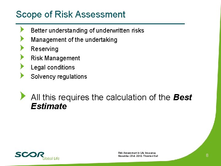 Scope of Risk Assessment Better understanding of underwritten risks Management of the undertaking Reserving