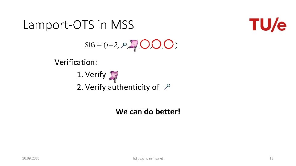Lamport-OTS in MSS SIG = (i=2, , , ) Verification: 1. Verify 2. Verify