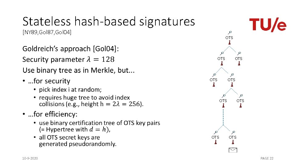 Stateless hash-based signatures [NY 89, Gol 87, Gol 04] OTS • OTS OTS OTS
