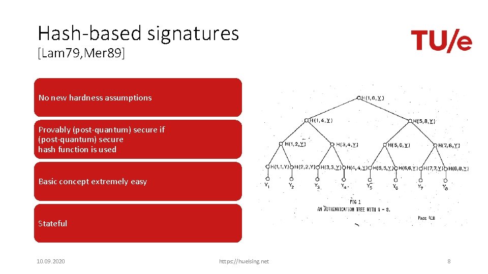 Hash-based signatures [Lam 79, Mer 89] No new hardness assumptions Provably (post-quantum) secure if