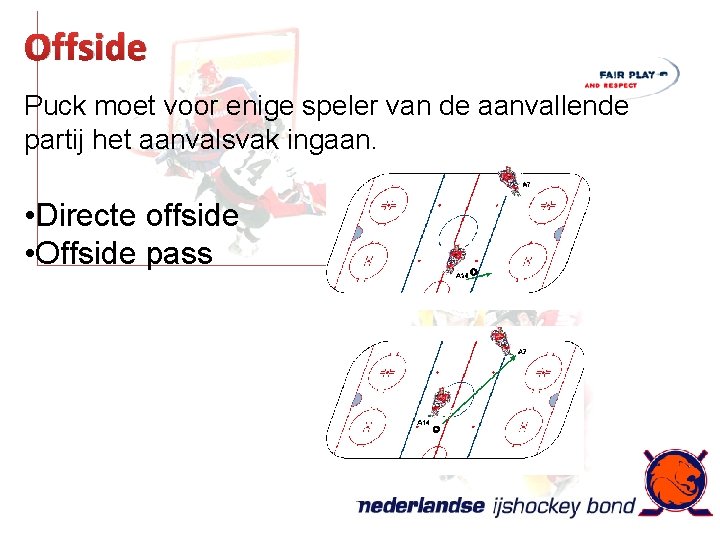 Offside Puck moet voor enige speler van de aanvallende partij het aanvalsvak ingaan. •