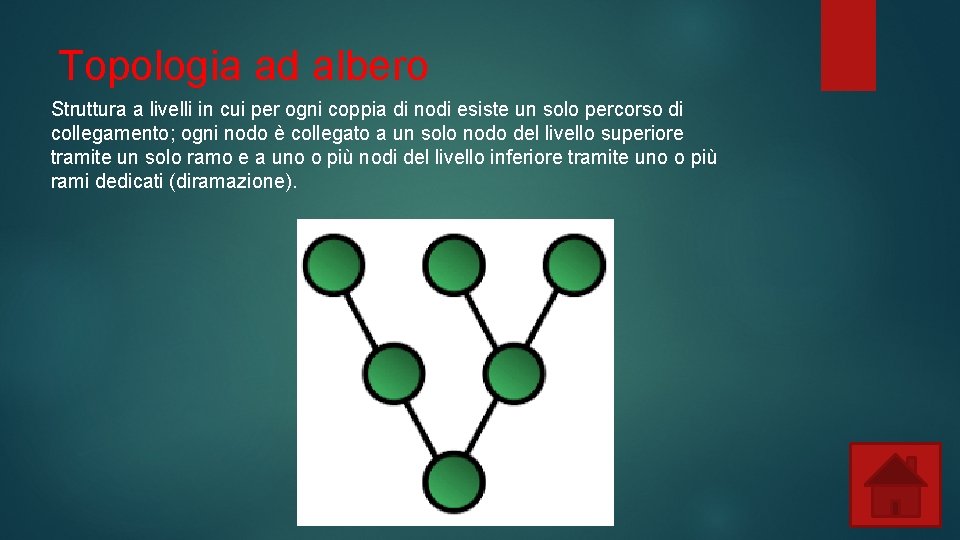 Topologia ad albero Struttura a livelli in cui per ogni coppia di nodi esiste