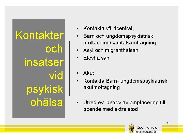 Kontakter och insatser vid psykisk ohälsa • Kontakta vårdcentral, • Barn och ungdomspsykiatrisk mottagning/samtalsmottagning