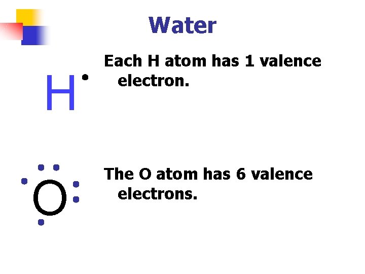 Water H O Each H atom has 1 valence electron. The O atom has