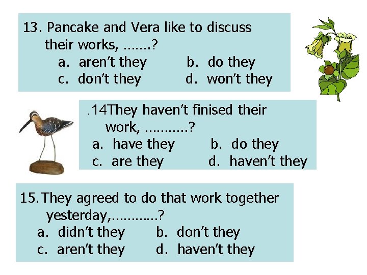 13. Pancake and Vera like to discuss their works, ……. ? a. aren’t they