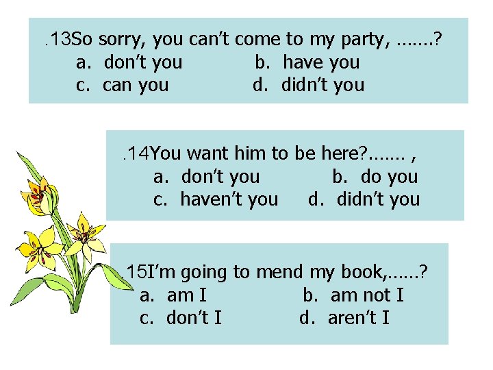 . 13 So sorry, you can’t come to my party, ……. ? a. don’t