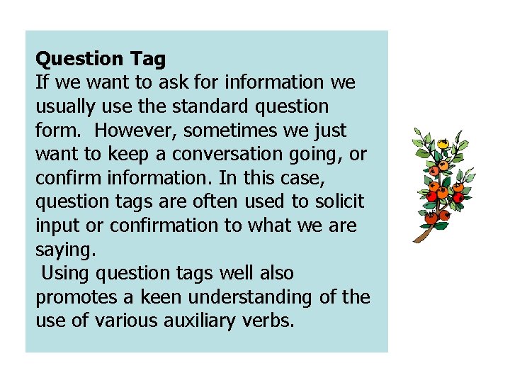 Question Tag If we want to ask for information we usually use the standard