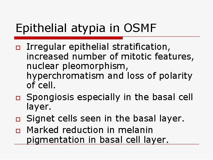 Epithelial atypia in OSMF o o Irregular epithelial stratification, increased number of mitotic features,