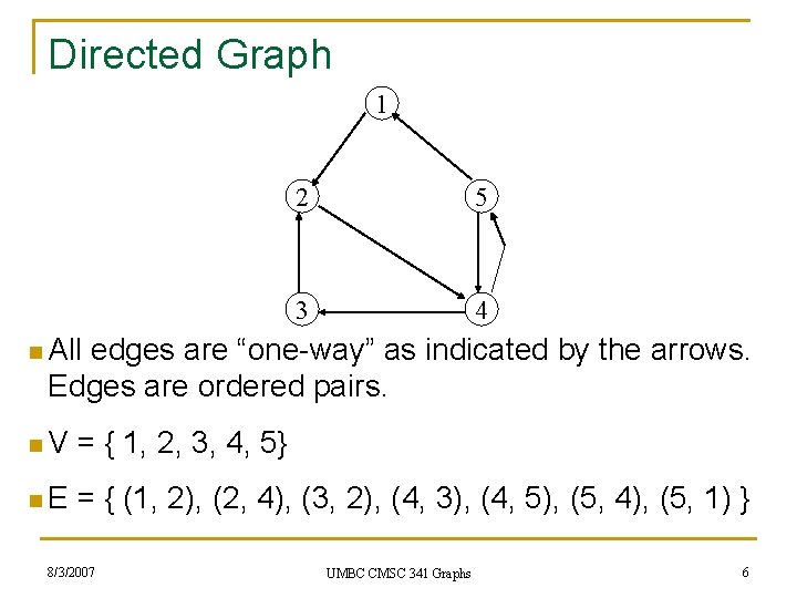 Directed Graph 1 2 5 3 4 n All edges are “one-way” as indicated