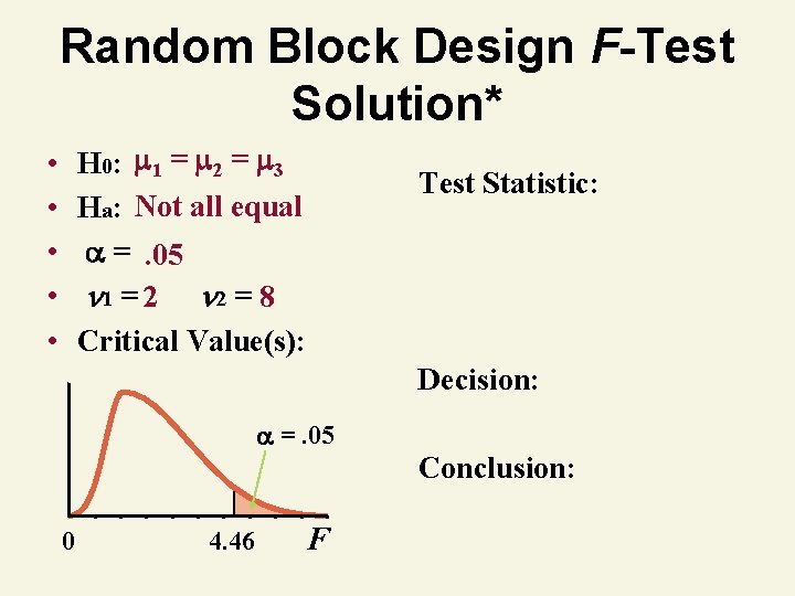 Random Block Design F-Test Solution* H 0: 1 = 2 = 3 Ha: Not