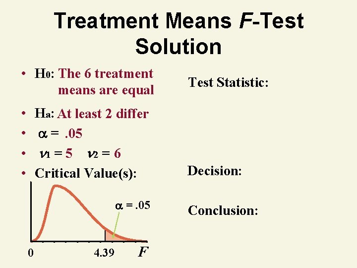 Treatment Means F-Test Solution • H 0: The 6 treatment means are equal •