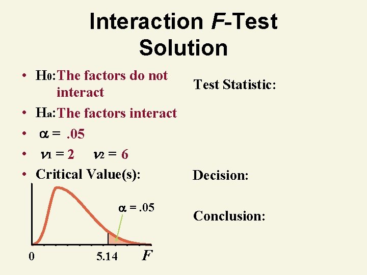 Interaction F-Test Solution • H 0: The factors do not interact • Ha: The