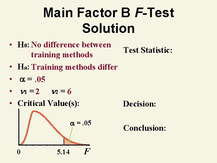 Main Factor B F-Test Solution • H 0: No difference between Test Statistic: training