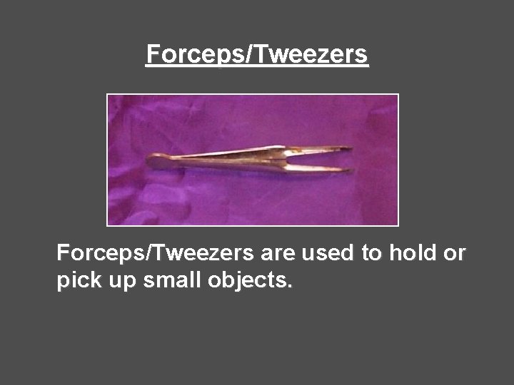 Forceps/Tweezers are used to hold or pick up small objects. Forceps/Tweezers are used to hold or pick up small objects.
