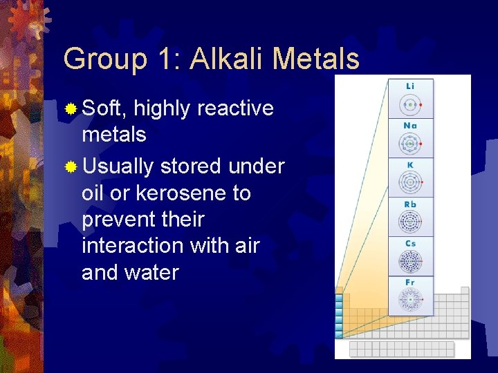 Group 1: Alkali Metals ® Soft, highly reactive metals ® Usually stored under oil