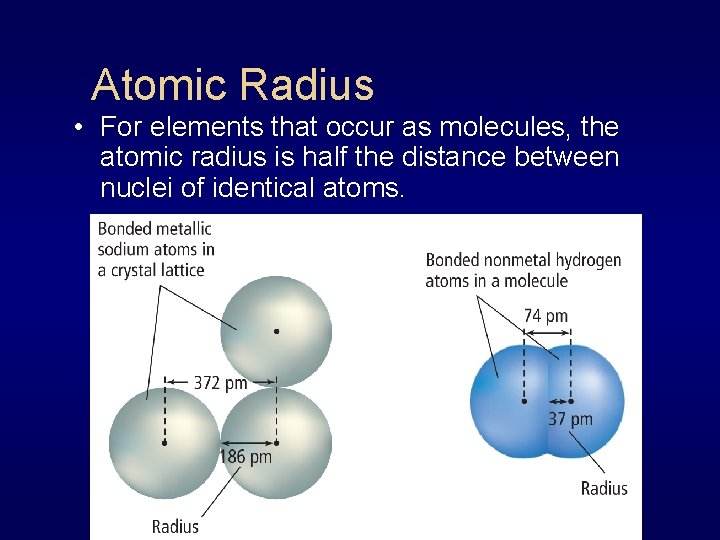 Atomic Radius • For elements that occur as molecules, the atomic radius is half