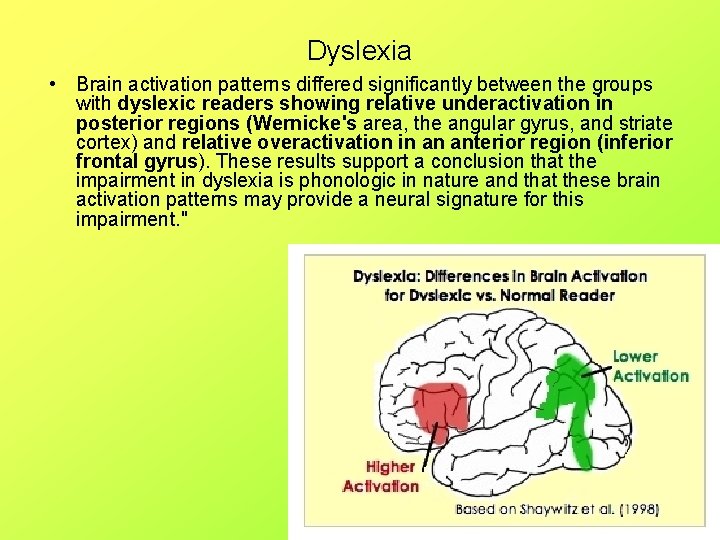 Dyslexia • Brain activation patterns differed significantly between the groups with dyslexic readers showing
