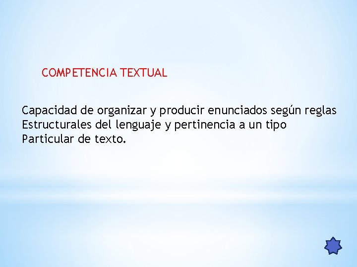 COMPETENCIA TEXTUAL Capacidad de organizar y producir enunciados según reglas Estructurales del lenguaje y