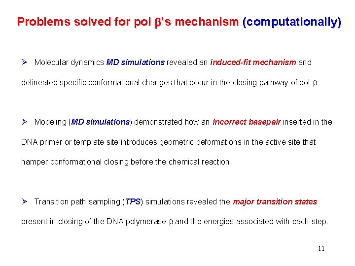 Problems solved for pol b’s mechanism (computationally) Ø Molecular dynamics MD simulations revealed an