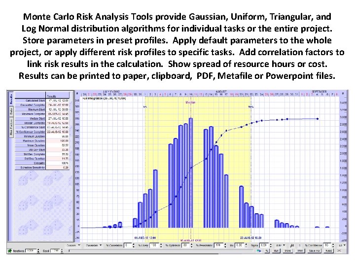 Monte Carlo Risk Analysis Tools provide Gaussian, Uniform, Triangular, and Log Normal distribution algorithms