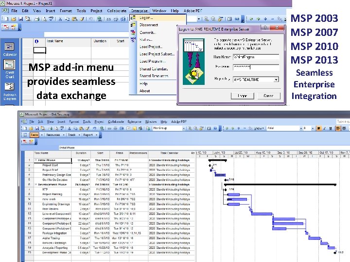 MSP add-in menu provides seamless data exchange MSP 2003 MSP 2007 MSP 2010 MSP