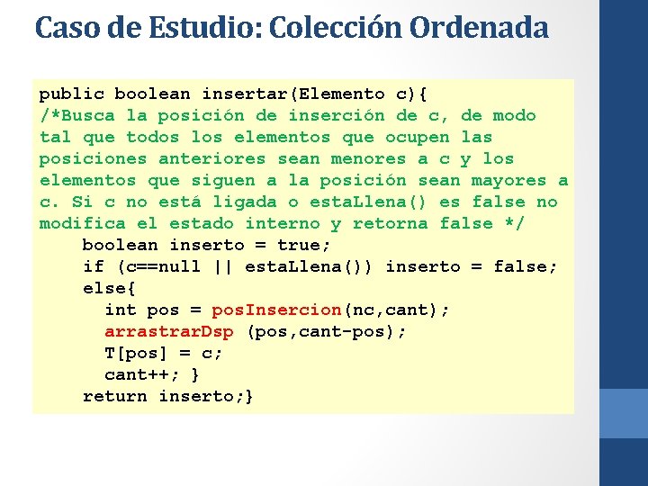 Caso de Estudio: Colección Ordenada public boolean insertar(Elemento c){ /*Busca la posición de inserción