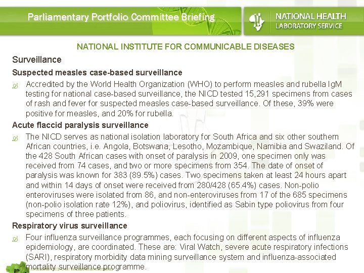 Parliamentary Portfolio Committee Briefing NATIONAL INSTITUTE FOR COMMUNICABLE DISEASES Surveillance Suspected measles case-based surveillance