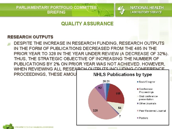 PARLIAMENTARY PORTFOLIO COMMITTEE BRIEFING QUALITY ASSURANCE RESEARCH OUTPUTS DESPITE THE INCREASE IN RESEARCH FUNDING,