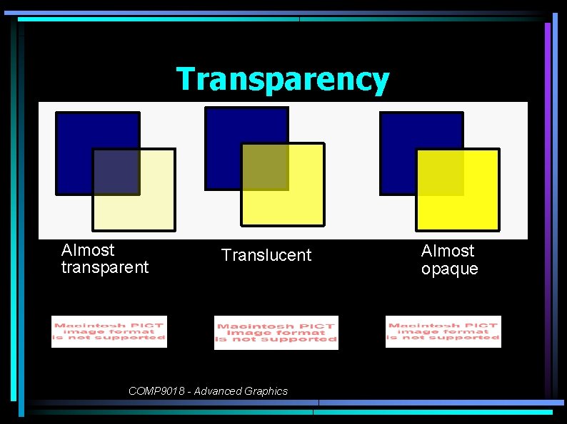Transparency Almost transparent Translucent COMP 9018 - Advanced Graphics Almost opaque 