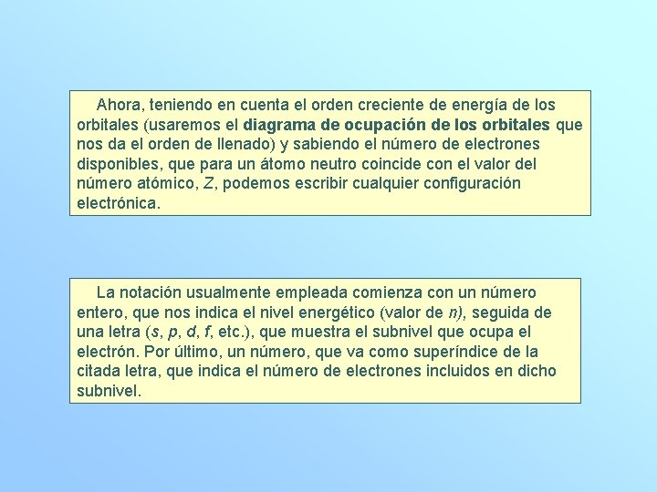 Ahora, teniendo en cuenta el orden creciente de energía de los orbitales (usaremos el