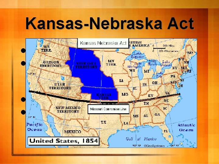 Kansas-Nebraska Act l Kansas-Nebraska Act: l Divided the rest of Louisiana territory into two