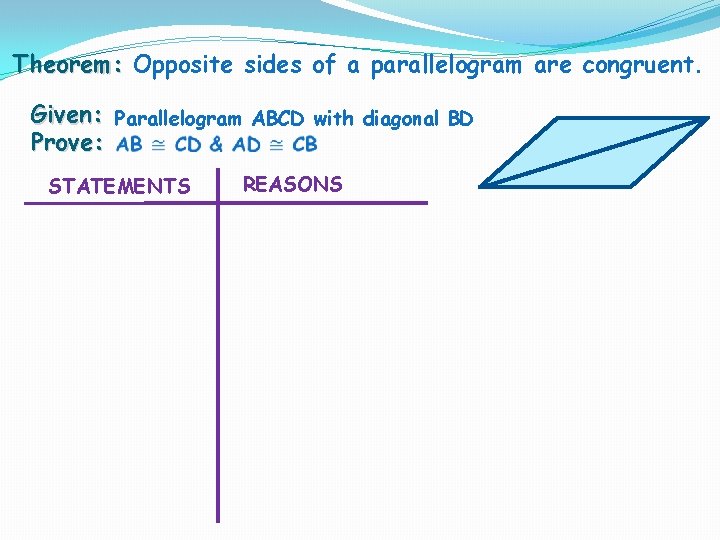 Theorem: Opposite sides of a parallelogram are congruent. Given: Parallelogram ABCD with diagonal BD