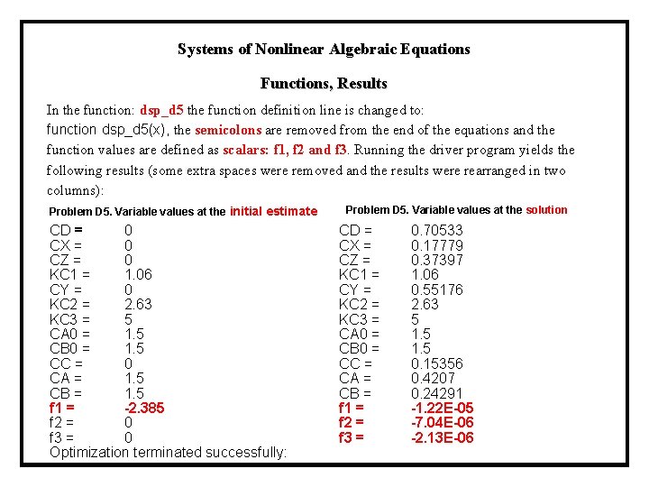Systems of Nonlinear Algebraic Equations Functions, Results In the function: dsp_d 5 the function Systems of Nonlinear Algebraic Equations Functions, Results In the function: dsp_d 5 the function