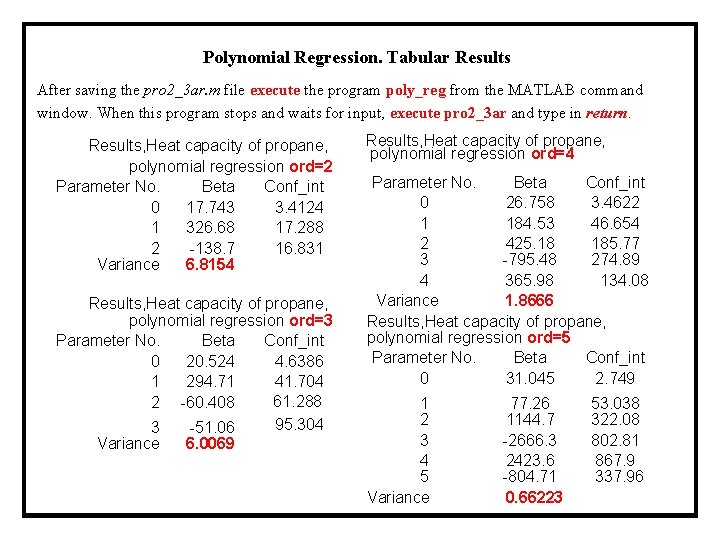 Polynomial Regression. Tabular Results After saving the pro 2_3 ar. m file execute the Polynomial Regression. Tabular Results After saving the pro 2_3 ar. m file execute the