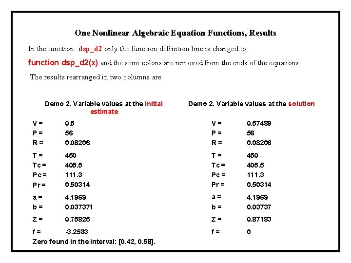 One Nonlinear Algebraic Equation Functions, Results In the function: dsp_d 2 only the function One Nonlinear Algebraic Equation Functions, Results In the function: dsp_d 2 only the function