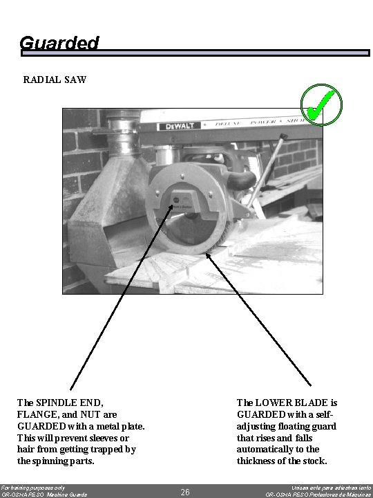 Guarded RADIAL SAW The SPINDLE END, FLANGE, and NUT are GUARDED with a metal