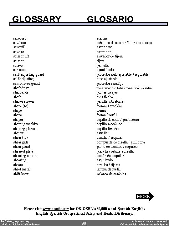 GLOSSARY GLOSARIO sawdust sawhorse sawmill sawyer scissor lift scissor screened self‑adjusting guard self-adjusting semi‑fixed