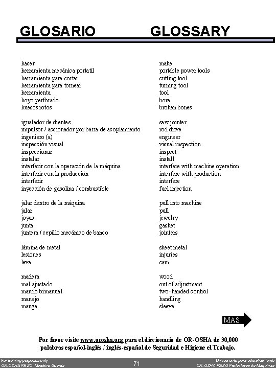 GLOSARIO GLOSSARY hacer herramienta mecánica portatil herramienta para cortar herramienta para tornear herramienta hoyo