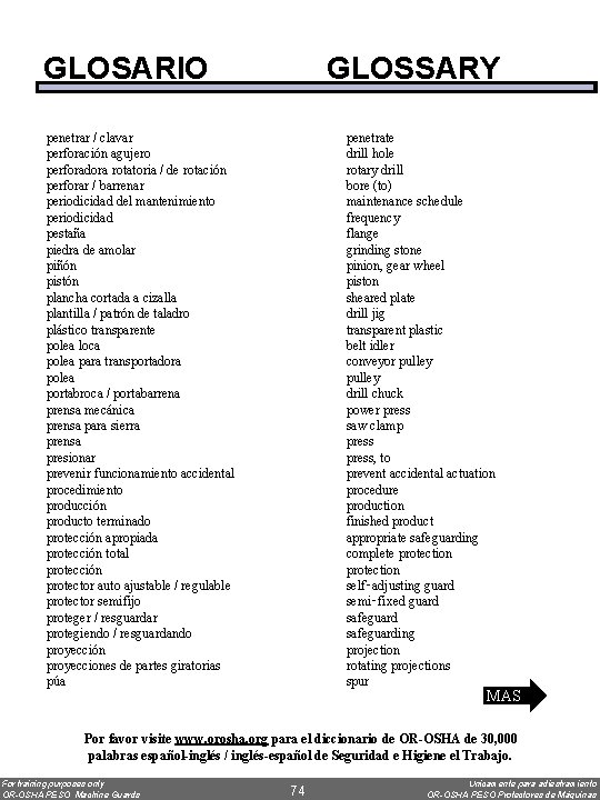 GLOSARIO GLOSSARY penetrar / clavar perforación agujero perforadora rotatoria / de rotación perforar /