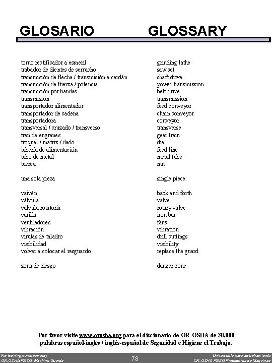 GLOSARIO GLOSSARY torno rectificador a esmeril trabador de dientes de serrucho transmisión de flecha