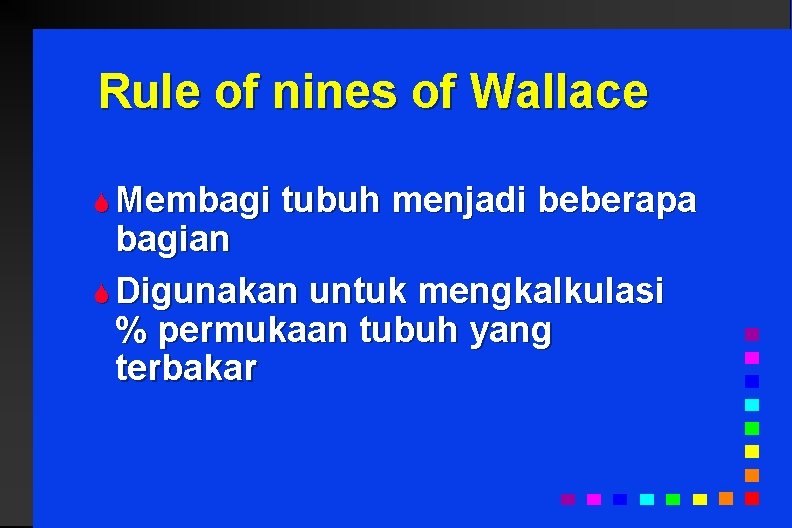 Rule of nines of Wallace S Membagi tubuh menjadi beberapa bagian S Digunakan untuk